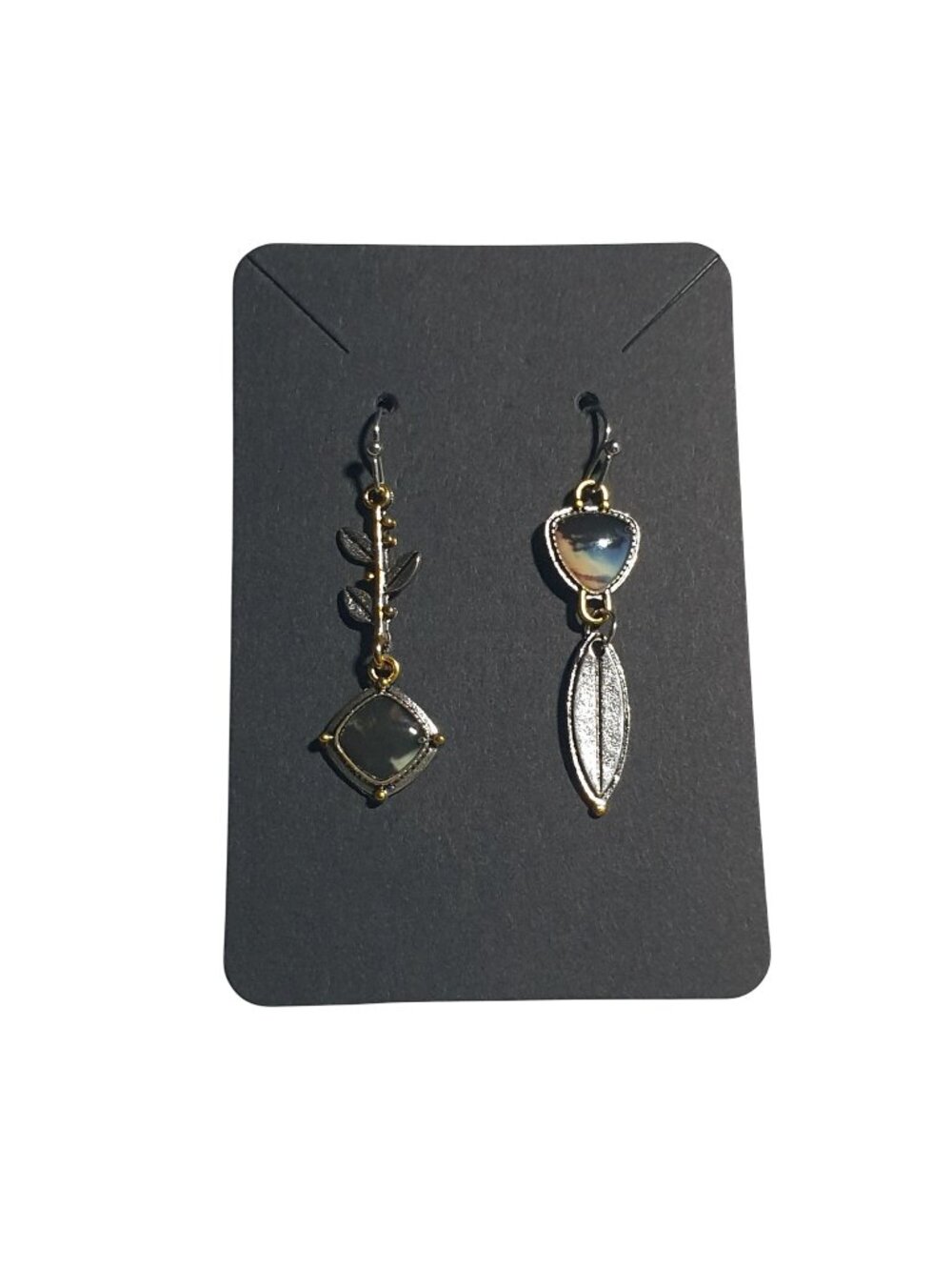 Dangle Earrings Boho Style Gold Tone Silver Accents Nature Leaf Stone Motif Gift - Picture 1 of 4